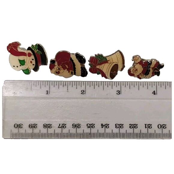 VTG Christmas Holiday Pins Jewelry Snowman Bells Santa Lot Of 4 Enamel Gold Tone - Picture 8 of 8